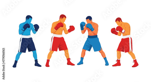 Four boxers in fighting stance illustrating dynamic athletic movement and form