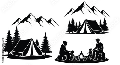 Black and white illustration of mountains tents and people camping outdoors