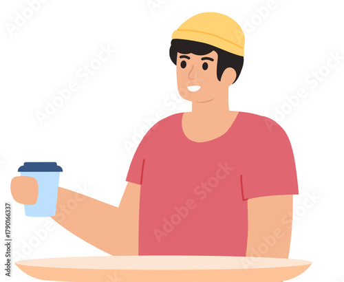 Young man enjoying takeaway coffee break illustration