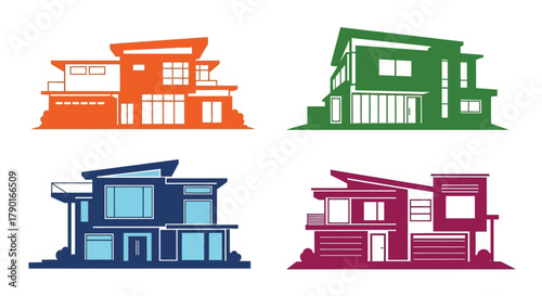 Colorful modern house designs illustrated in a geometric flat style