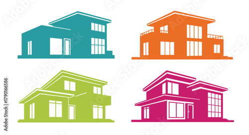 Four colorful house icons representing modern real estate and property options
