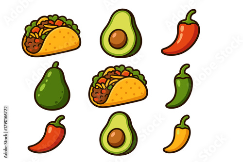 Taco avocado and chili pepper icons for Mexican food theme