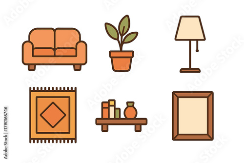 Cozy home interior furniture and decor icons set for living spaces
