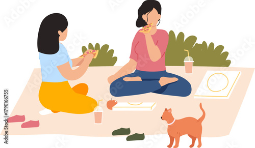 Women enjoying outdoor pizza picnic with pet cat