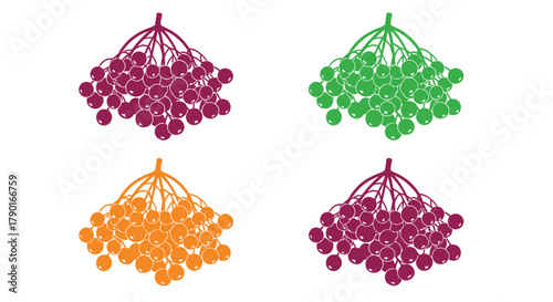 Four bunches of colorful balloons in purple green orange and red
