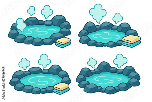 Steaming hot spring baths with neatly stacked towels in isometric view