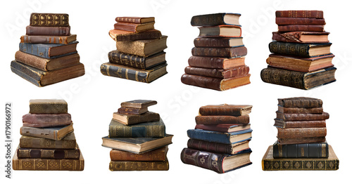 Pile of old books with different bindings isolated on transparent background