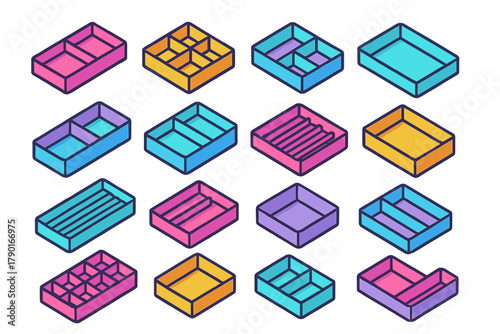Isometric colorful drawer organizer tray icons set for storage solutions