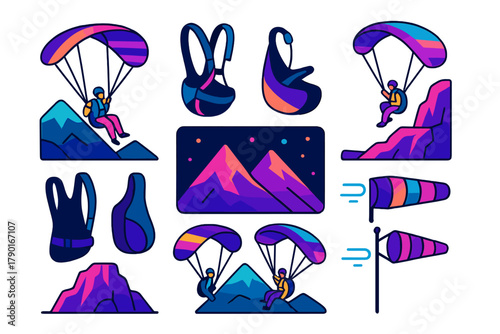 Paragliding equipment and mountain sports icons set with colorful gradient style
