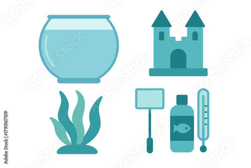 Aquarium supplies set featuring fish tank and decorative castle ornament