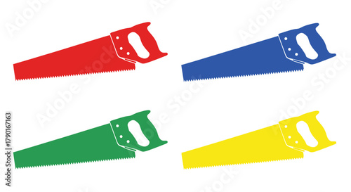 Four colorful hand saws displayed against a clean white background