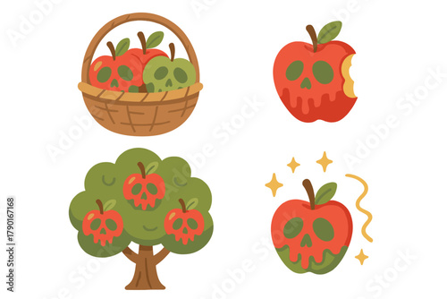Stylized apples with skull faces in basket tree and isolated icons