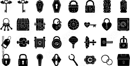 Lock and key security icon set with solid black silhouettes of padlocks, treasure chests, safes, and antique key designs