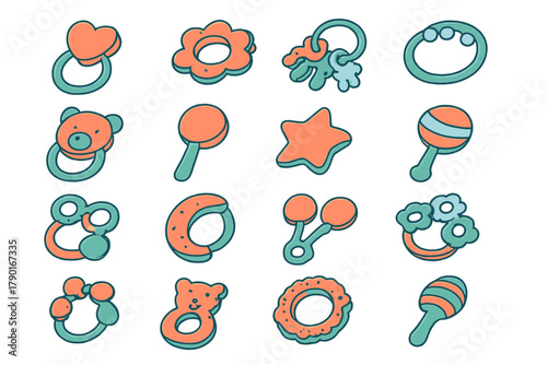Colorful baby rattles and teethers in various shapes for infant development