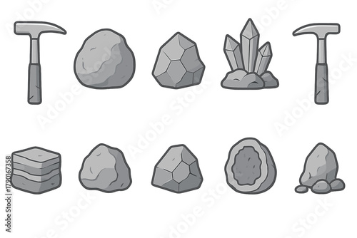 Geology tools and various rock and mineral icons set