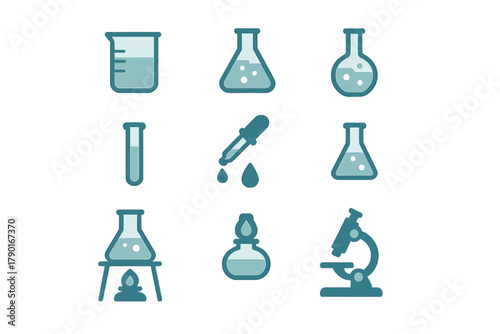 Simple chemistry and laboratory equipment icons set