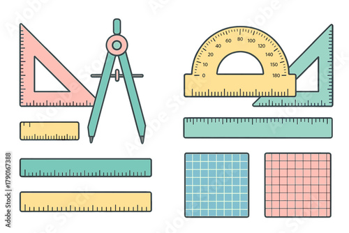 Geometric drawing tools and measurement instruments collection