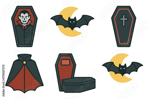 Set of spooky Halloween icons: vampire, bat, moon, coffin, and dramatic cape