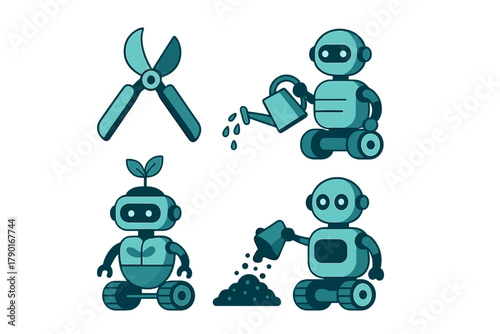 Set of gardening robots and pruning shears icons in modern teal color palette