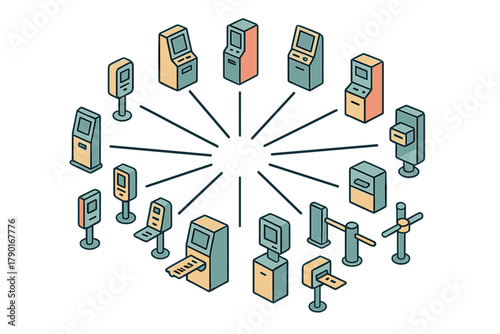 Isometric set of automated ticketing and access control machines