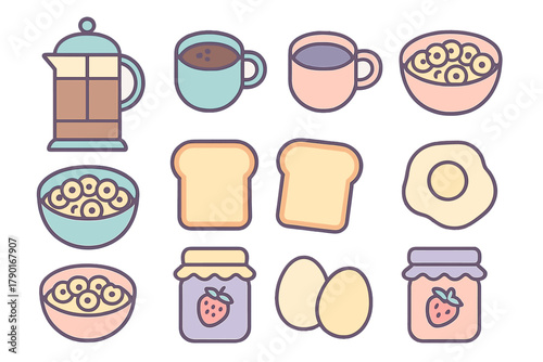 Simple icons set of breakfast food items including coffee and sweet spreads