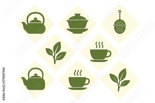 Collection of green tea preparation and serving icons on white background
