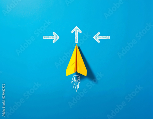 Paper airplane flying forward choosing new direction