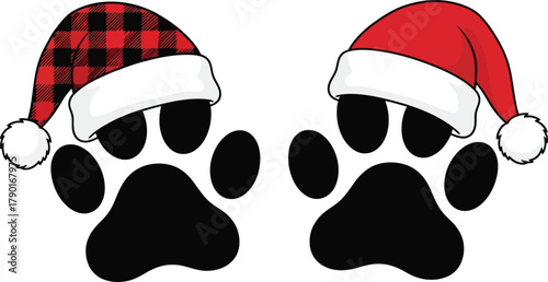This Pet Christmas design features dog and cat paw silhouettes wearing Santa hats, with two style options: a solid red hat and a festive red buffalo plaid pattern for pet lovers