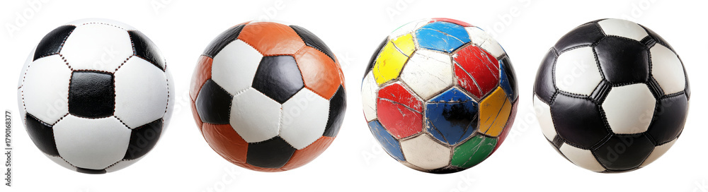 Obraz premium Collection of Four Distinct Soccer Balls with Various Designs, PNG bundle collection, Isolated on Transparent Background
