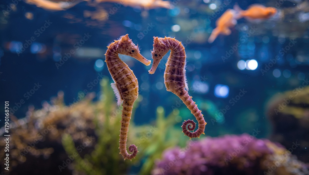 Obraz premium Seahorses swimming in an aquarium habitat, showcasing marine life resilience