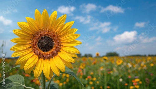 Fototapeta Naklejka Na Ścianę i Meble -  Sunflower against a vibrant summer backdrop, seasonal change