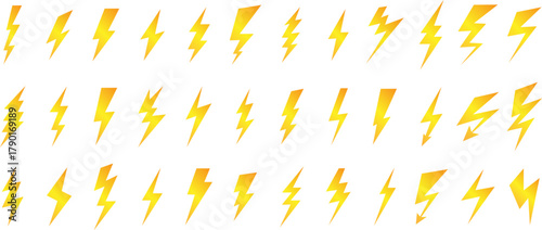 Lightning color bolt icon. Flash symbol, thunderbolt, blitz lightnings strike sign. Electric energy black silhouettes, power concept. Vector isolated dynamic sports logo set.