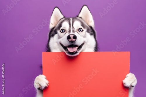 Ð¡ute adult dog alaskan malamute hold in front paws a prototype - large red boulevard sign. Isolated dog on a solid outfit purple background. Ad dog photo. Dog ad concept. Ad creature on whi.