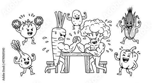 Vegetables arm wrestling cartoon healthy food nutrition concept