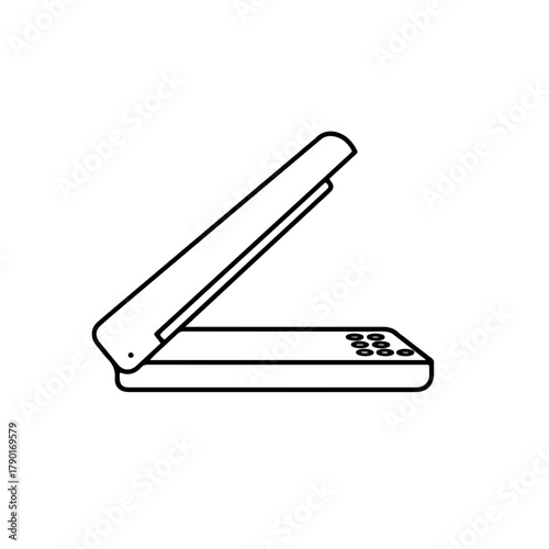 Side-profile flatbed scanner minimal line vector art for document capture systems, print workflows and modern office digitization setups