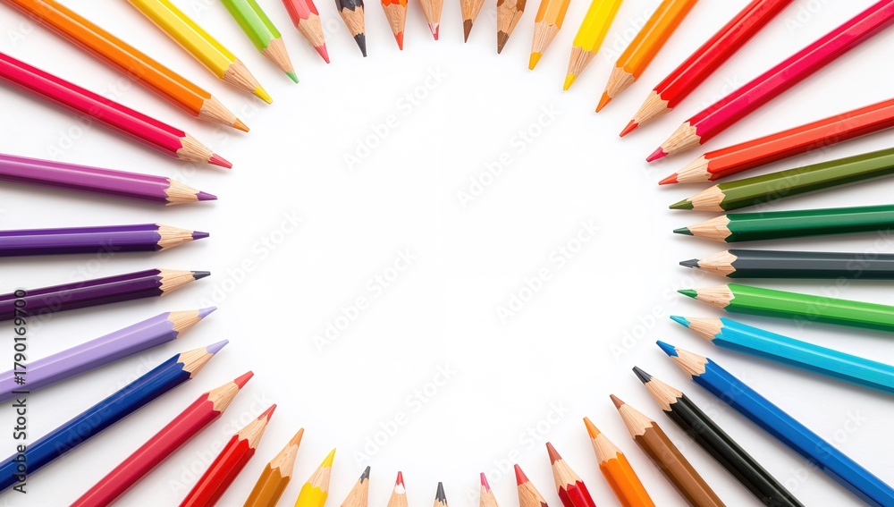 Fototapeta premium Circle of colored pencils on a white backdrop, vibrant representation of cultural diversity, suitable for advertising
