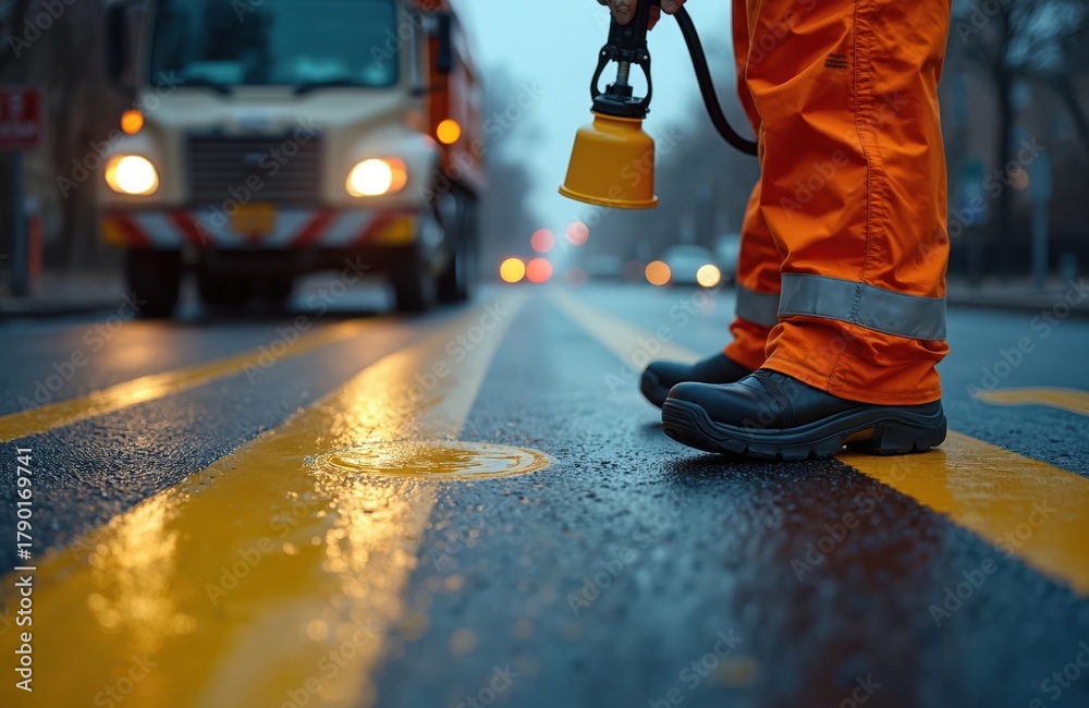 Obraz premium Road worker paints bright yellow lines on wet asphalt street pavement. Worker uses spray gun for road marking. Blurred work truck with bright headlights in urban background. City street maintenance,