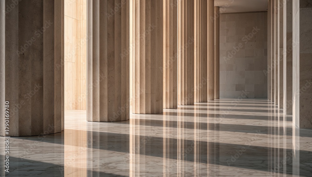Fototapeta premium Row of columns illuminated by sunlight with reflections on a shiny floor, enhancing architectural ambiance