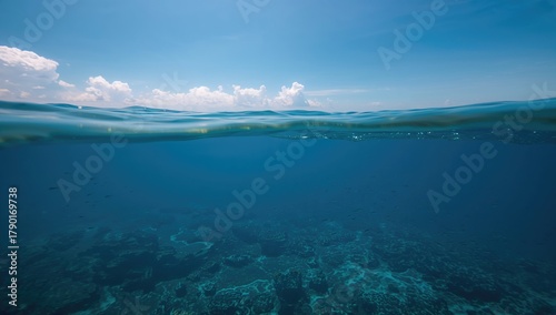 Fototapeta Naklejka Na Ścianę i Meble -  Underwater perspective showcasing the sea surface, seabed, and sky, highlighting marine depth