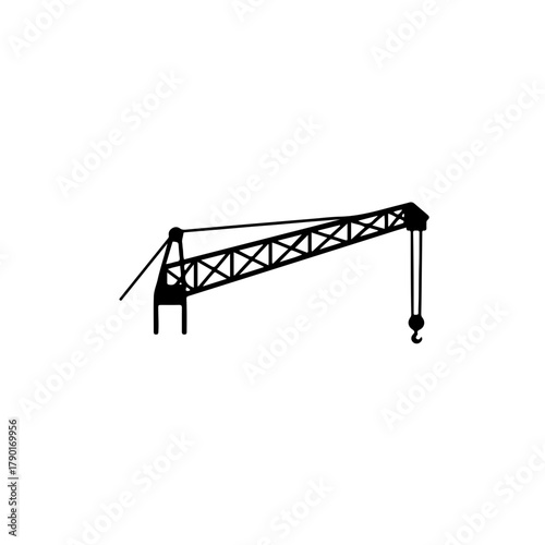 Small construction crane vector drawn in minimal black outline style for building sites, lifting tasks, structural positioning, and industrial workflows