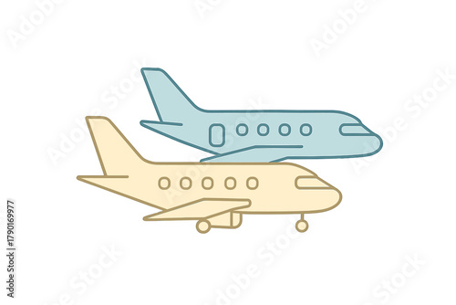 Two overlapping private jet airplanes outline icons