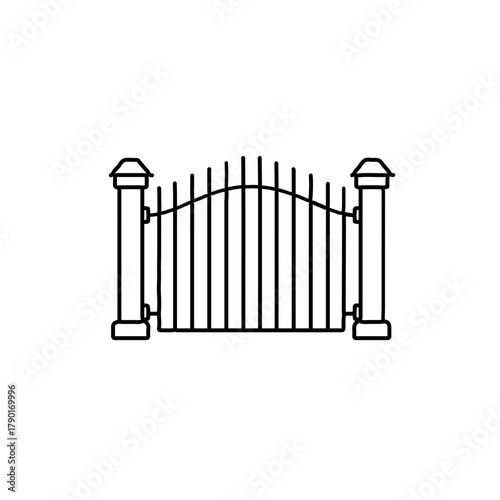 Double-post decorative gate vector illustrated in minimal outline style for property entrances, landscape design, and secure boundary enclosure