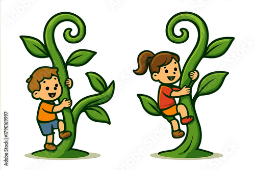 Happy children climbing giant beanstalks with lush green leaves