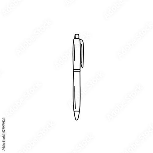 Black vector line art of retractable pen in minimal style for office stationery, writing, and education design