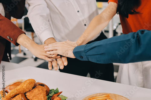 Diversity, dinner and group of people toast celebration together at party. Friends, happy and celebrate with food, wine and friendship for love, support and cheers champagne at business function