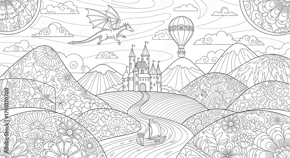 Fototapeta premium Whimsical Fantasy Castle Scene with Mountain Landscape Dragon Hot Air Balloons and Floral Details in Line Art Style