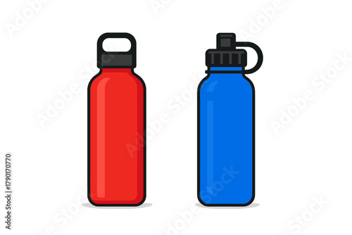Red and blue reusable water bottles with sport caps isolated on white