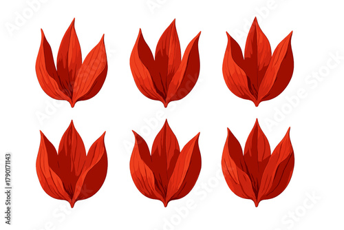 Six stylized red tulip buds isolated on a clean white background