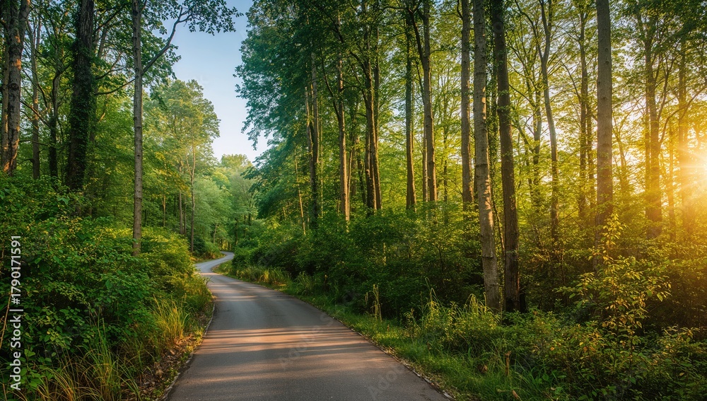Fototapeta premium Curvy trail winding through dense greenery under bright morning sunlight, perfect for nature walks