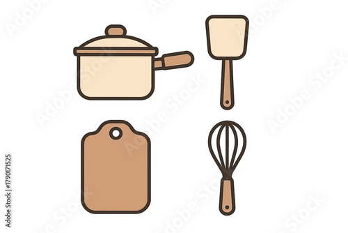 Set of cooking utensils including pot, spatula, cutting board, and whisk